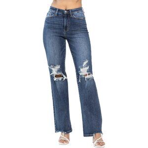 Women's High-Rise Straight Leg Ripped Denim Jeans Plus Size Dark Blue